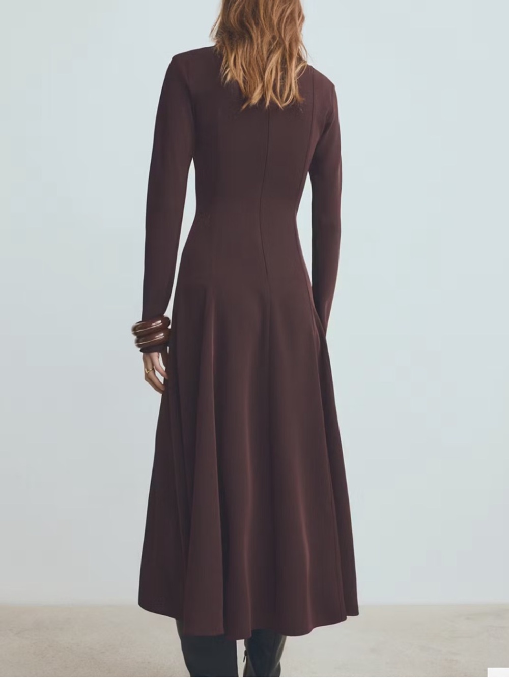 Mango Long-Sleeve Chocolate Brown Maxi Dress A-LINE DRESS WITH GODETS 1283 - Picture 4 of 5